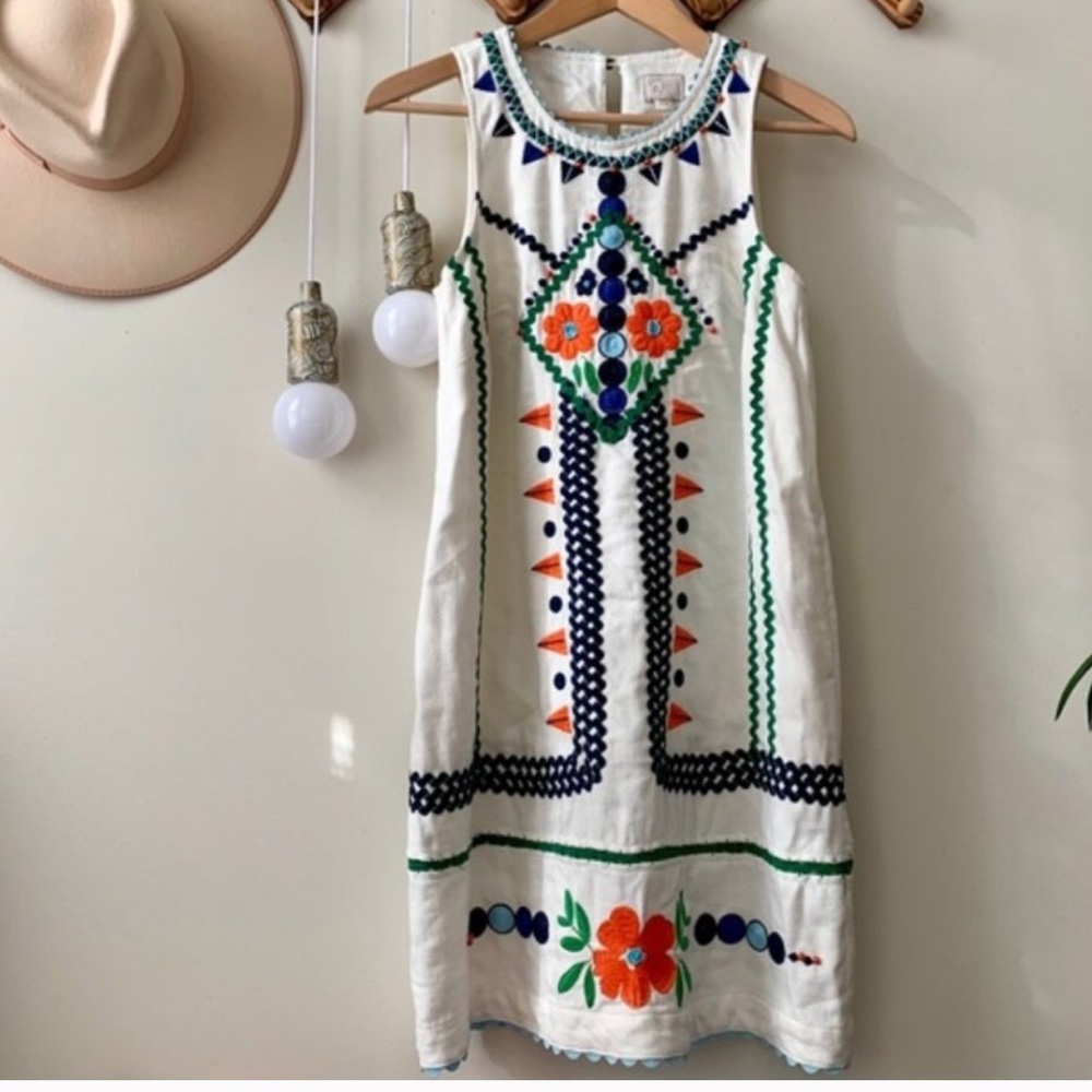 Anthropologie White Dress with Blue and Orange Embroidery